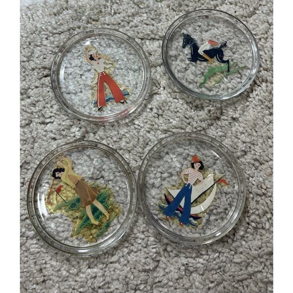 Vtg Set Of 4 Alberto Vegas Style 1940’s Glass Women In Sports Retro Coaster Set - Picture 1 of 6